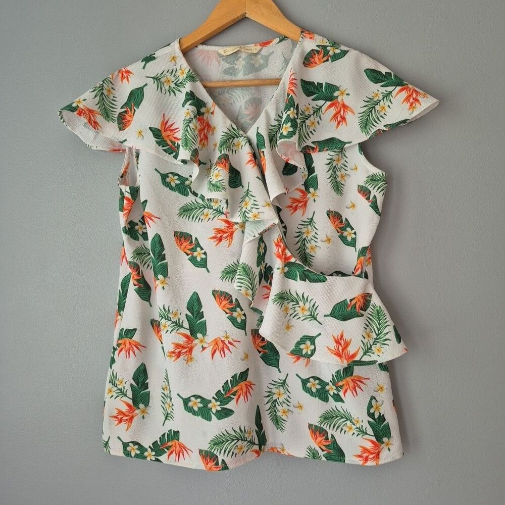 Denim Jeans & Casuals White Tropical Botanical Sleeveless V Neck Blouse Women XL
